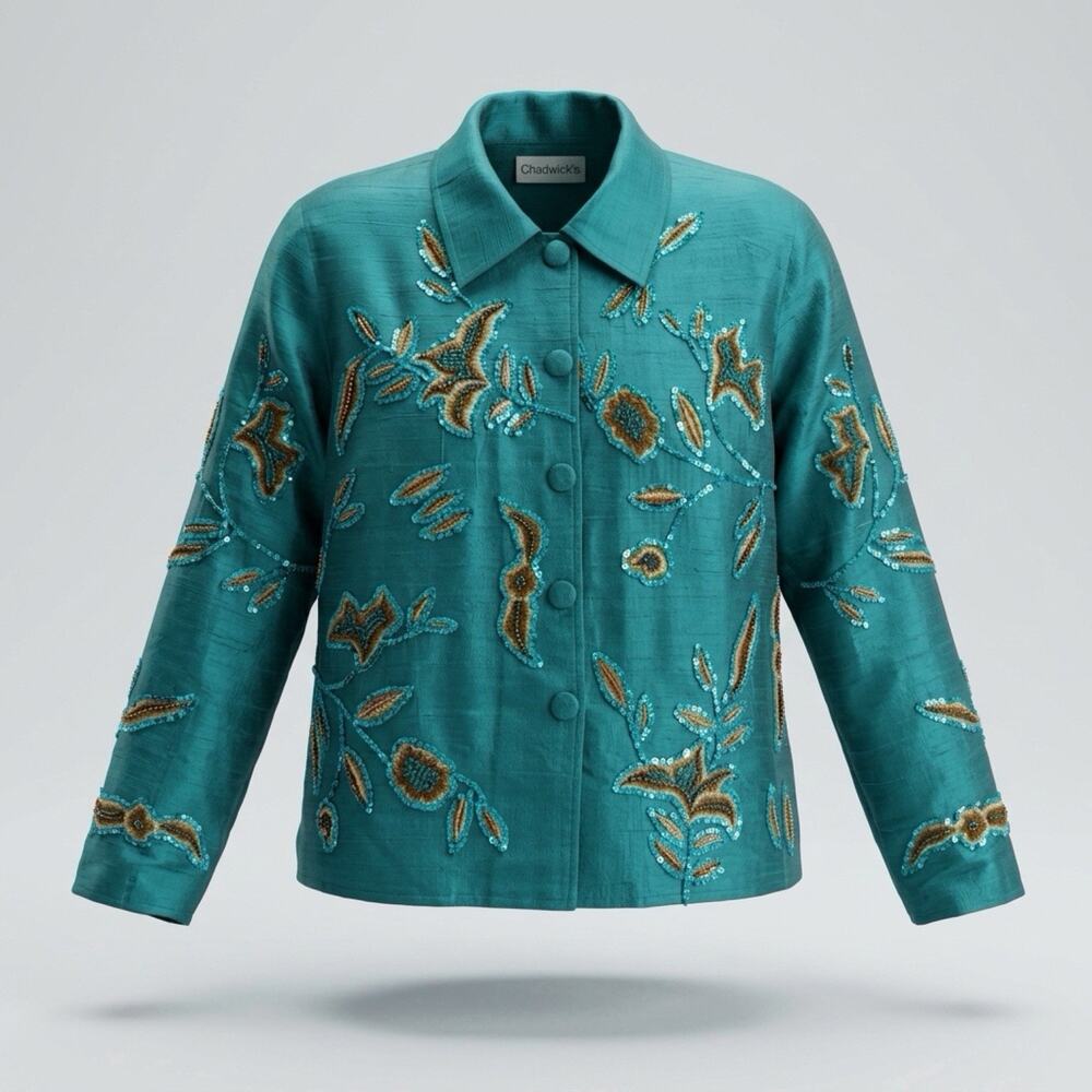 Vintage Chadwicks 100% Silk Teal Blue Sequin Beaded Embroidered Jacket Shacket 6